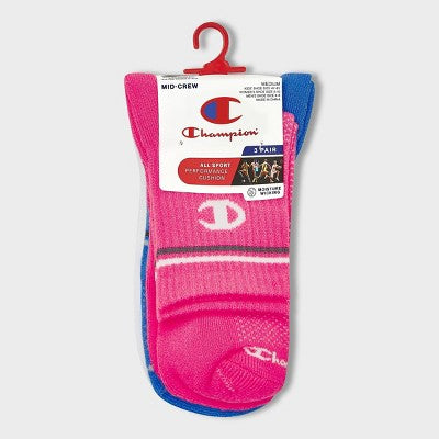 Champion All Sport Performance Mid Crew Socks 3pk - Blue/Pink/White S