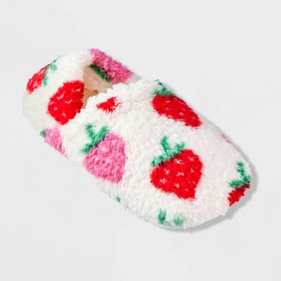 Women's Strawberry Print Cozy Fleece High Cut Pull-On Slipper Socks with Grippers - Ivory/Red S/M