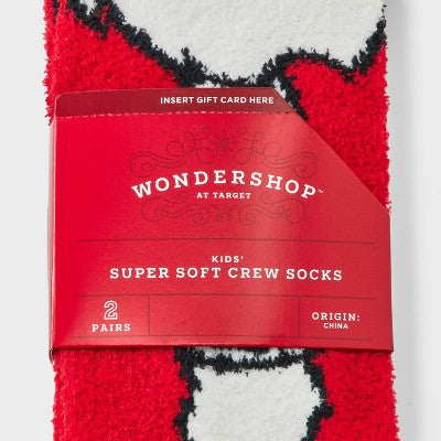 Kids' 2pk Santa & Plaid Cozy Crew Socks with Gift Card Holder - Wondershop Red/Navy Blue XS/S