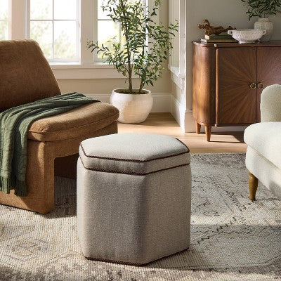 Storage Ottoman with Twisted Piping Detail Brown Linen - Threshold designed with Studio McGee (LOCAL PICKUP ONLY)