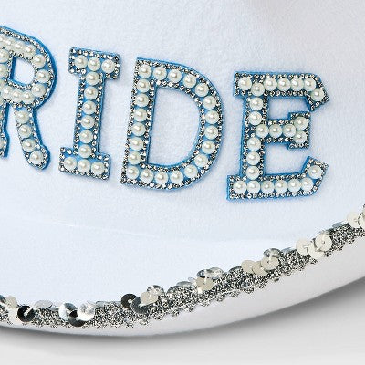 "Bride" Pearl Rhinestone Cowboy Hat - White/Blue