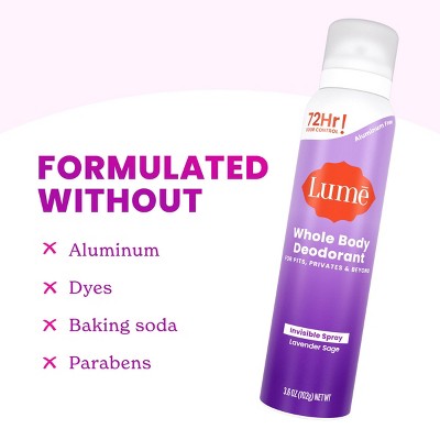 Lume Whole Body Women's Invisible Spray Deodorant - Lavender Sage Scent - Aluminum-Free 3.6oz