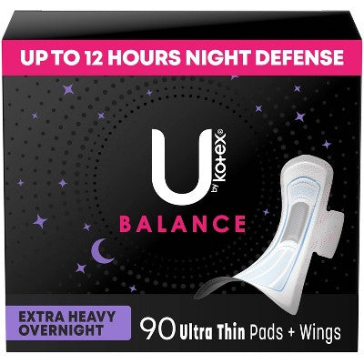U by Kotex Balance Ultra Thin Extra Heavy Overnight Pads with Wings - Unscented - 90ct