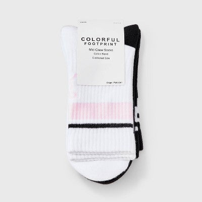 Women's Bow Cushioned Ribbed 2pk Mid Crew Socks - White/Black/Pink 4-10