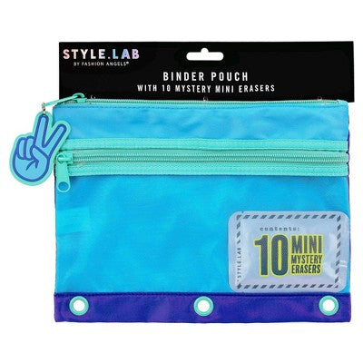 Style Lab Colorblocked Nylon and Mesh Binder Pouch with 10 Mini Erasers Blue
