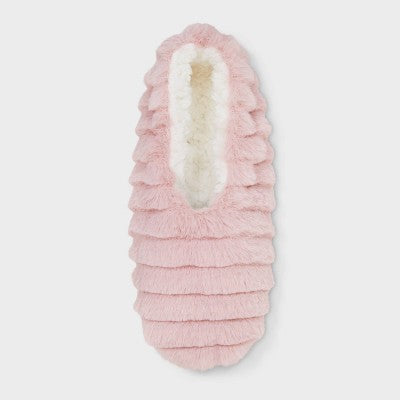Women's Ribbed Faux Fur Cozy Pull-On Slipper Socks with Grippers - Auden Light Pink S/M