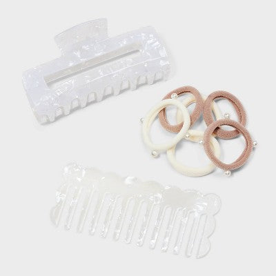 Women's Comb, Hair Ties and Claw Hair Clip Set 8pc - A New Day Ivory