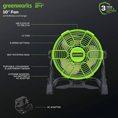 Greenworks Powerall 10" Cordless Hybrid Box Fan Kit with 2.0Ah Battery and Charger Green/Black