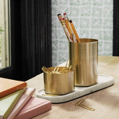 Modular Desk Org Marble Tray and Metal Cups Set - Threshold: Desk Organizer, Office Supplies, Pen & Pencil Holder