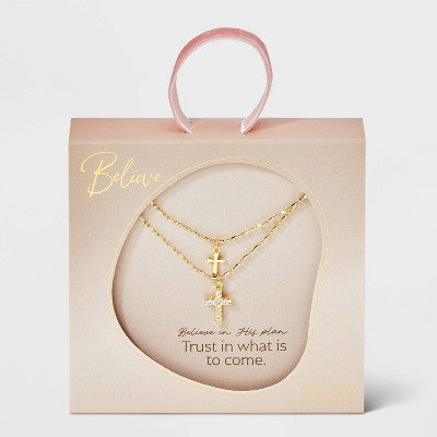 14K Gold Dipped Double Cross Pendant Multi-Strand Necklace - Gold