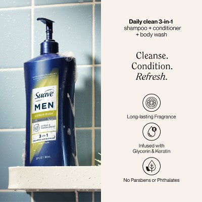 Suave Men 3-in-1 Pump Shampoo + Conditioner + Body Wash - Citrus Rush - 28 fl oz