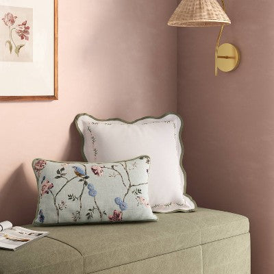 18''x18'' Woven Pillow with Embroidery and Scallop Ivory and Green - Threshold