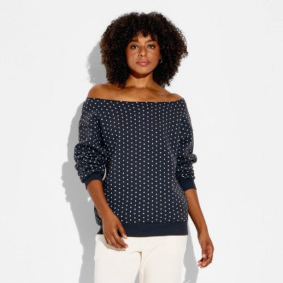 Women's Off the Shoulder Knit Pullover Sweatshirt Gray Dots XL