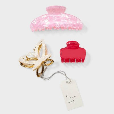 Flower Solid Claw Hair Clip Set 3pc - A New Day Pink: Floral Pattern, Acrylic & Zinc, Hair Styling Accessory