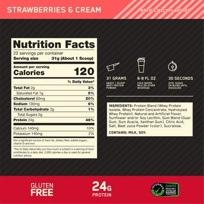 Optimum Nutrition Gold Standard 100% Whey Protein Powder - Strawberries & Cream - 22 Servings - 24oz