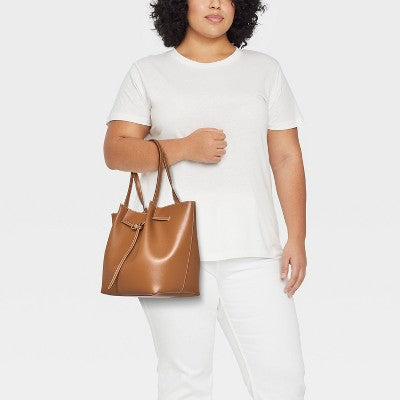 Belted Pinched Handle Tote Handbag - A New Day Brown