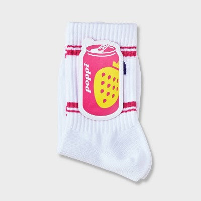 Adult Poppi Extra Juicy Graphic Crew Socks - White: Ankle Height, Flat Seams, Knit Design