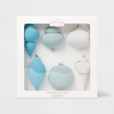 6pc Flocked Finial Christmas Tree Ornament Set Blue/White - Wondershop