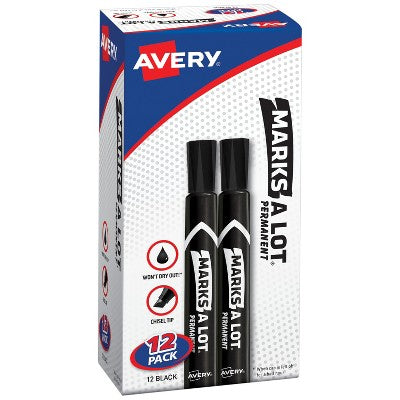 Avery® Marks A Lot® Permanent Markers, Large Desk-Style Size, Chisel Tip, 12 Black Markers (98028)