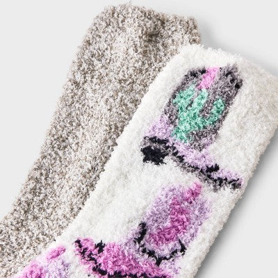 Women's Cowboy Boots 2pk Cozy Crew Socks - Purple/Ivory/Grey 4-10