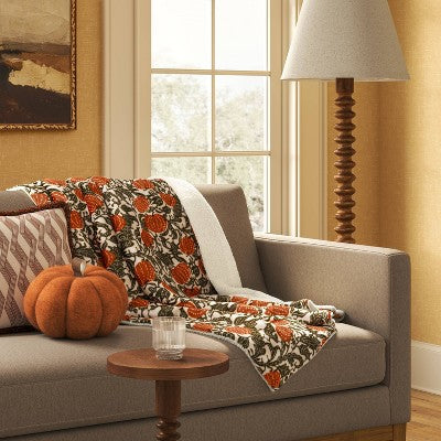 Pumpkin Printed Plush T Throw Blanket with Faux Shearling Reverse Khaki/Orange/Green -Threshold