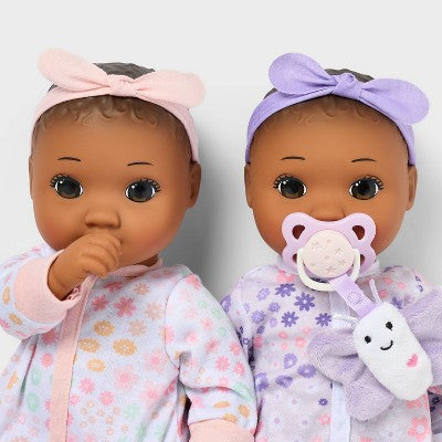 14" Girl Twin Baby Dolls - Dark Brown Hair + Brown Eyes - Gigglescape: Includes Plush, Pacifier, Bottle, Outfits