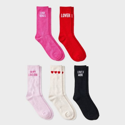 Women's Valentine's Day Ribbed 5pk Crew Socks - Assorted colors 4-10