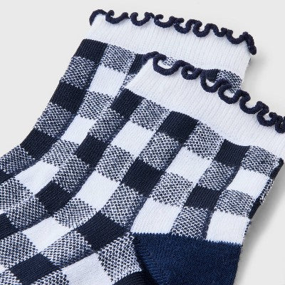 Women's Gingham Lettuce Edge Ankle Socks - Navy/White 4-10