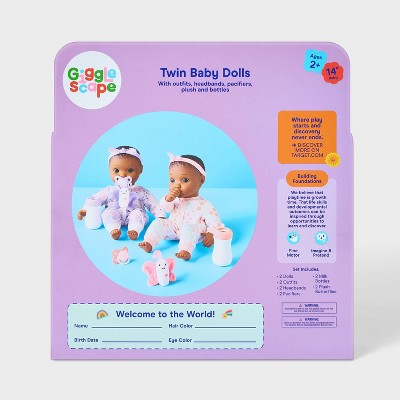 14" Girl Twin Baby Dolls - Dark Brown Hair + Brown Eyes - Gigglescape: Includes Plush, Pacifier, Bottle, Outfits