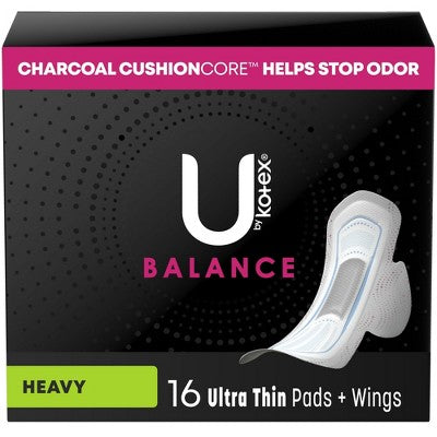 U by Kotex Balanced Ultra Thin Pads with Wings Heavy Absorbency Size 2 for Period Protection, 16 Count
