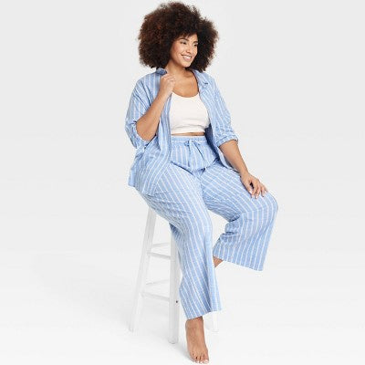 Women's Striped Cotton Blend Long Sleeve Pajama Shirt - Auden Light Blue 1X