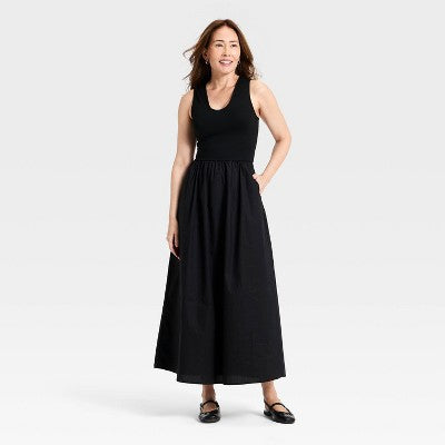 Women's Knit Woven Midi Dress - A New Day Black L
