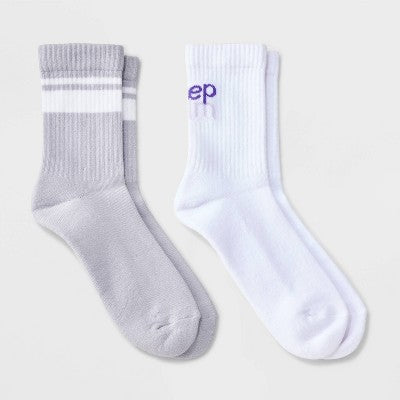 Women's "Keep Calm" Cushioned Ribbed 2pk Mid Crew Socks - White/Purple 4-10
