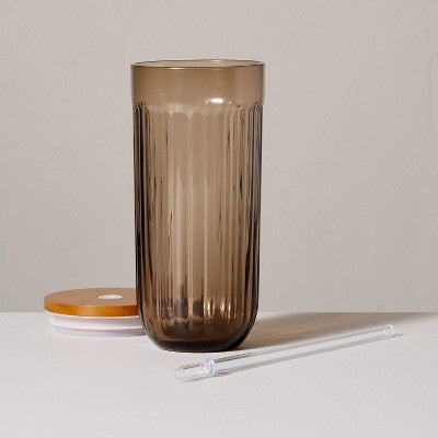 21oz Fluted Glass Tumbler with Wood Lid Blush - Hearth & Hand with Magnolia