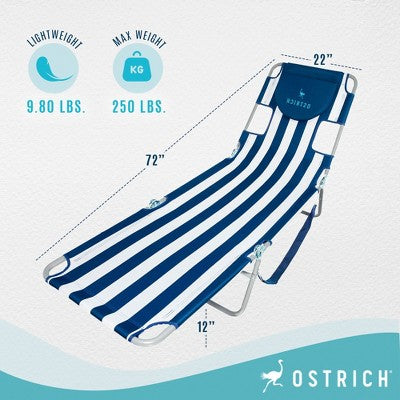 Ostrich 72" x 22" Chaise Lounge Portable Reclining Lounger, Outdoor Patio Beach Lawn Camping Pool Tanning Chair, Blue Stripe (LOCAL PICKUP ONLY)