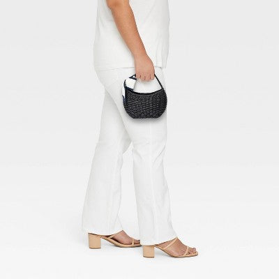 Straw Mini Bag with Bow - A New Day Black: Woven Paper Straw, Structured Shoulder Handbag, Single Handle, Solid Pattern