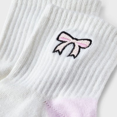 Women's Embroidered Bow Ribbed Ankle Socks - Ivory/Pink 4-10: Lightweight, Banded Cuff, Recycled Polyester