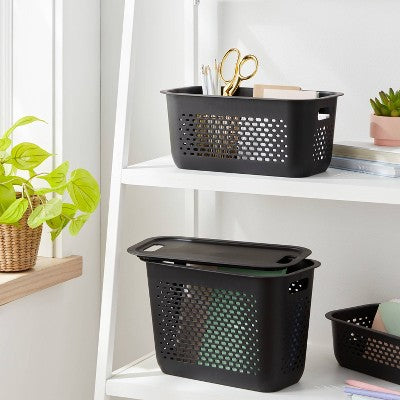 Narrow Medium Decorative Plastic Bin Black - Brightroom: Modern Storage with Cut-Out Handles, 13" Cube Compatible