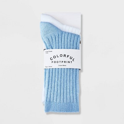 Women's 2pk Flat Knit Wide Ribbed Crew Socks - Blue/White 4-10