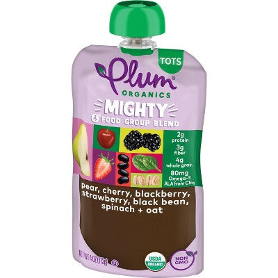 Plum Organics Mighty 4 Blends Pear Cherry Blackberry Strawberry Black Bean Spinach & Oat Baby Snacks - 4oz