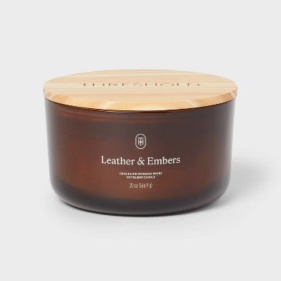 3-Wick Amber Glass Wooden Wick Leather and Embers Jar Candle 20oz - Threshold