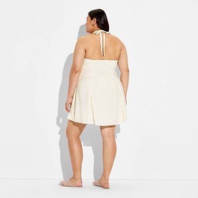 Women's Button-Front Halter Mini A-Line Dress - Cream XXL