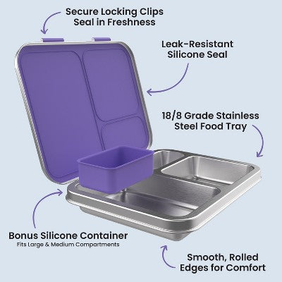 Bentgo Kids' Stainless Steel Leakproof 3 Compartments Bento-Style Lunch Box - Purple