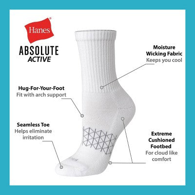Hanes Women's 4pk Absolute Active Crew Socks - White 5-9