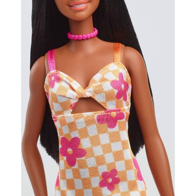 Barbie 12.7" Fashionista Pink and Orange Check Dress Doll Black Hair/Brown Eyes
