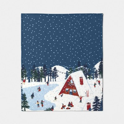 Snow Scene Quilted Jersey Throw Blanket with Faux Shearling Reverse Blue - Room Essentials