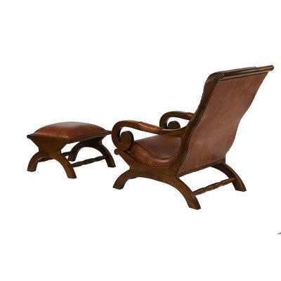Traditional Teak Wood Accent Chair with Arms and Ottoman Brown - Olivia & May: Leather Upholstered, No Assembly Required (LOCAL PICKUP ONLY)