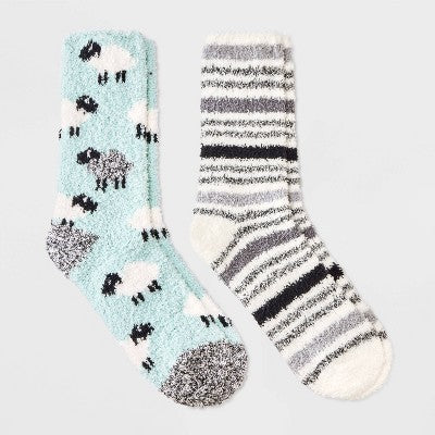 Women's Sheep 2pk Cozy Crew Socks - Aqua/Heather Gray 4-10