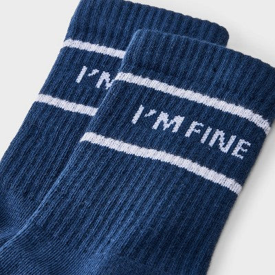 Women's "I'm Fine" Cushioned Ribbed 2pk Mid Crew Socks - Navy/White/Red 4-10