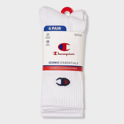 Champion Iconic Essentials Women's 6pk Cushioned Crew Socks - White 4-10
